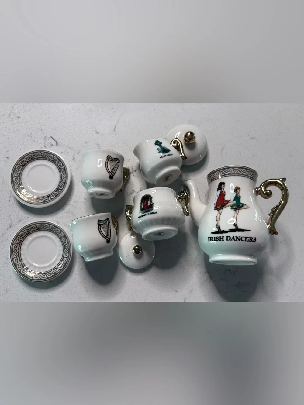 Iconic Ireland Irish Dancers White Porcelain Miniature Tea Set handpainted